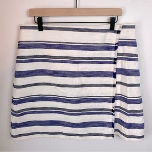 LOFT Cream, Navy Blue & Black Striped Wrap Skirt Fringe | Size 14